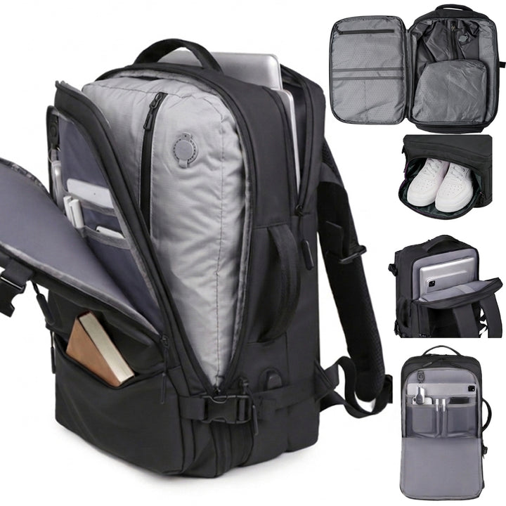 Rucsac de calatorie extensibil, Zola, compartiment laptop, buzunar pantofi, compresie haine, USB, prindere troler, 45 x 30 x 25-33 cm, negru