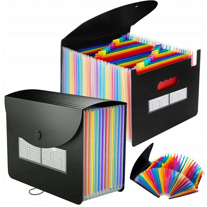 Organizator pentru documente, Zola, pliabil, 25 de compartimente de diminsiune A4 cu separatoare si etichete, inchidere cu clapa si elastic, rezistent la apa, plastic PP, 24 x 33 x 3 cm, negru/multicolor