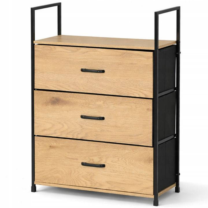 Comoda cu 3 sertare, Zola, raft superior, MDF, cadru din otel, 58 x 23 x 80 cm, negru/stejar natur