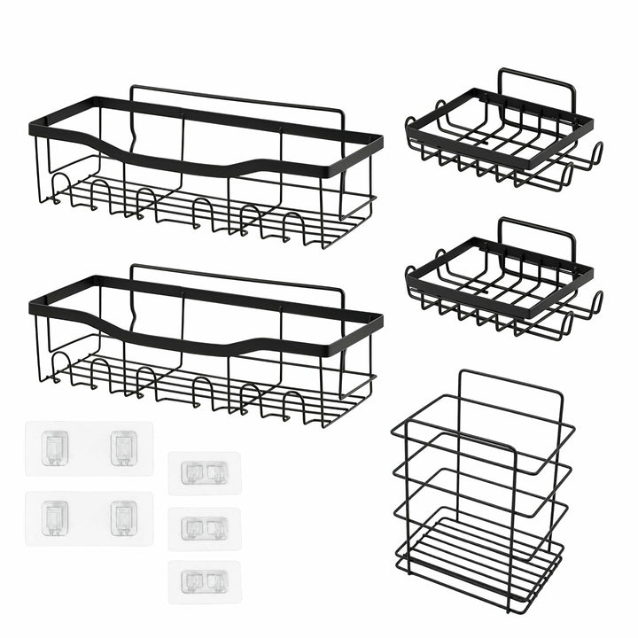 Set 5 organizatoare pentru baie, Zola, montare autoadeziva, rafturi metalice cu carlige, rezistente la umiditate, negre