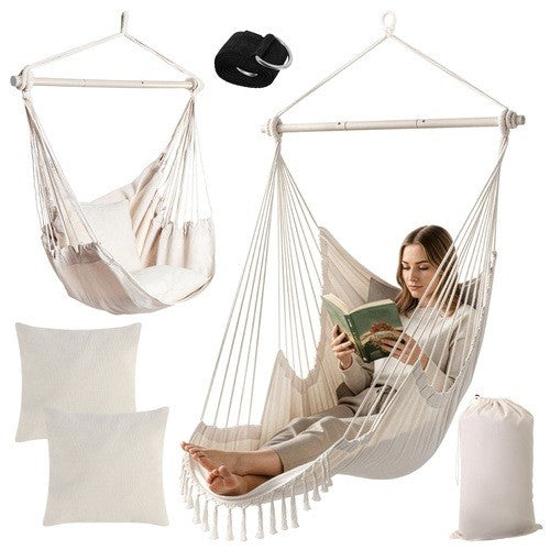 Scaun suspendat tip hamac 2 in 1, Zola, stil boho, 150 kg, 2 perne incluse, bumbac 320 g/mp, 220 x 100 x 115 cm, crem