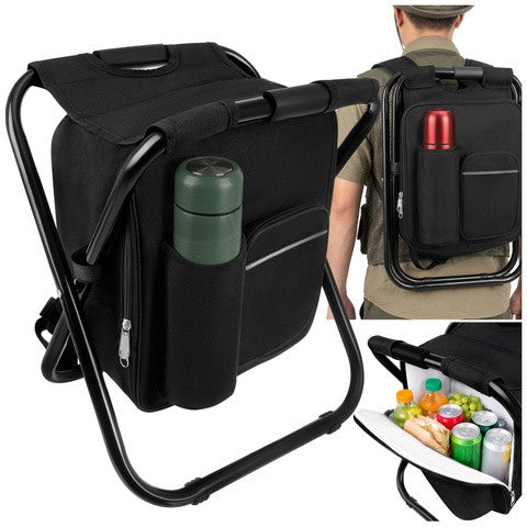 Scaun pescuit pliabil 3 in 1, Zola, tip rucsac cu compartiment termic 15 L, suporta 150 kg, impermeabil, 36 x 29 x 41 cm, negru
