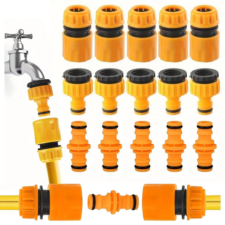 Set 15 conectori pentru furtun si irigatii, Zola, compatibili 1/2" si 3/4", plastic, negru/galben