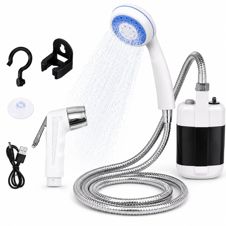 Dus portabil camping, Zola, pompa electrica, baterie 2200 mAh, 2 capete interschimbabile, furtun 1.5 m, carlig si ventuza, alb