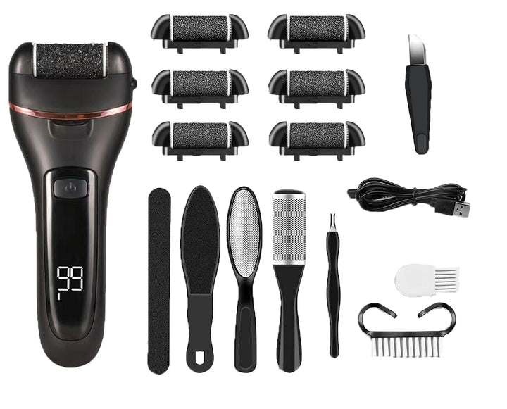 Kit pedichiura, UBX, pila electrica pentru calcaie, bataturi, display digital, LED, incarcare USB, 6 capete, accesorii incluse, 2 viteze,negru