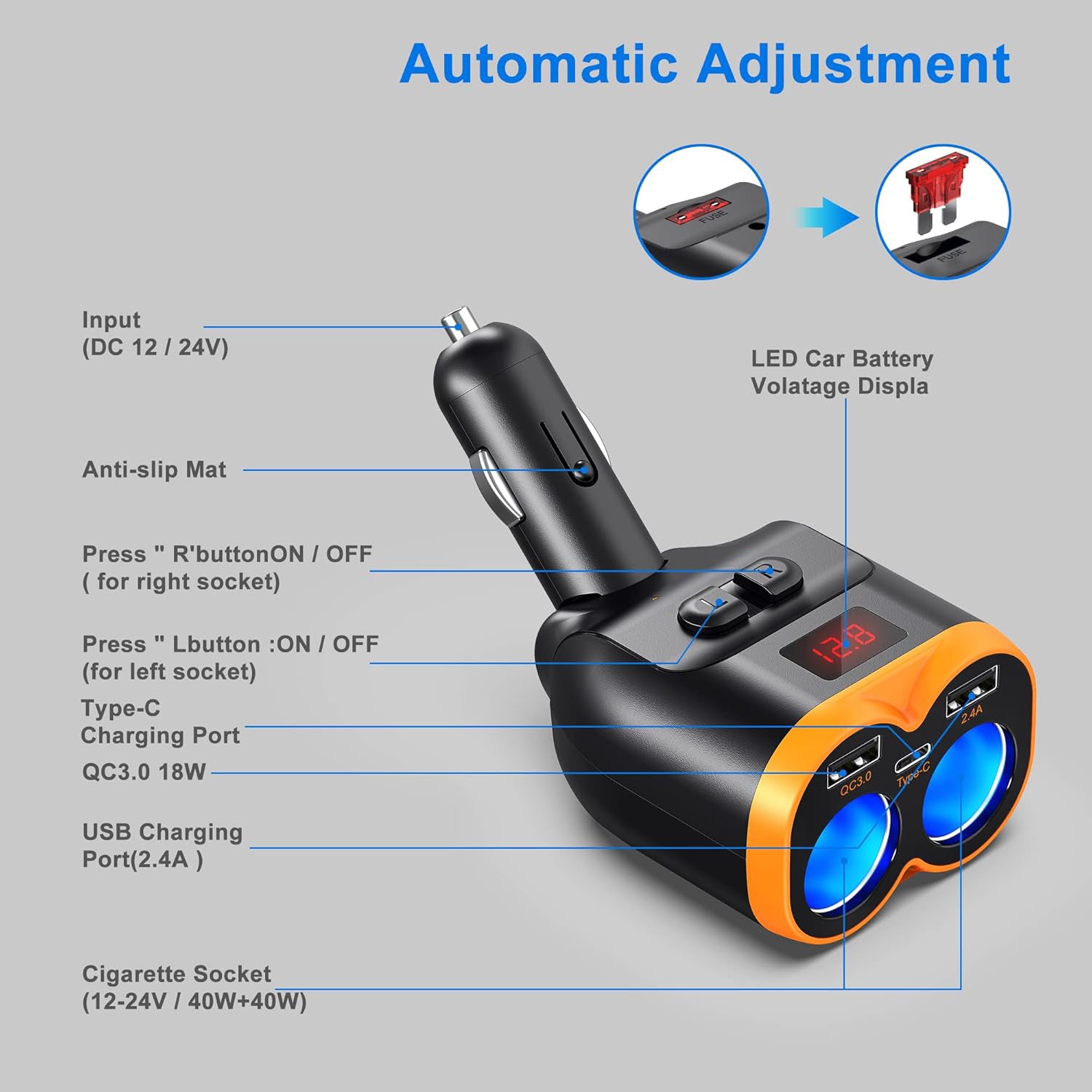 Adaptor bricheta USB, Zola®, 3 porturi USB, 2 prize pentru bricheta, 12-24V, 100W, 12x6x4.5 cm,  negru/portocaliu