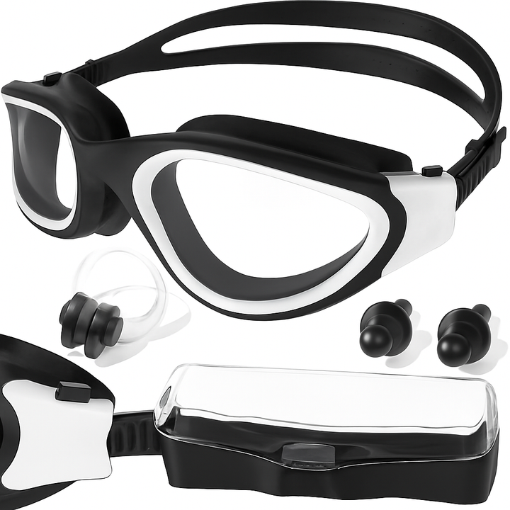 Set ochelari de inot, dopuri pentru urechi si clips pentru nas, Zola, protectie UV, anti-aburire, curea reglabila 40 cm, carcasa depozitare, 17.5 x 5 cm, alb/negru
