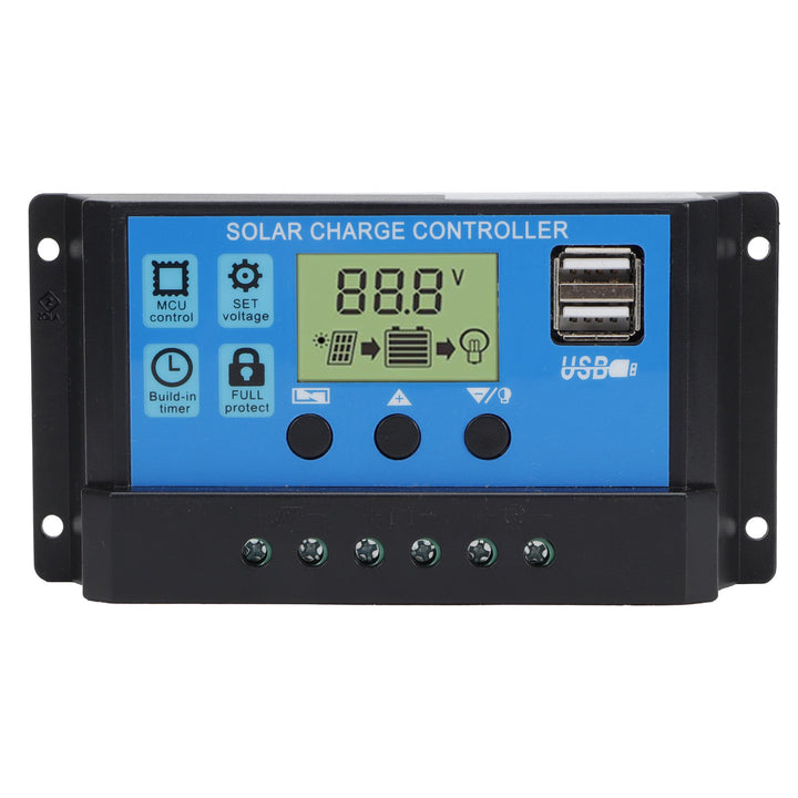 Regulator tensiune pentru panou solar, Zola®, ecran LCD, plastic, 12/24V, PWM, 2 porturi USB tip A, 13.3x7x3.5 cm, negru