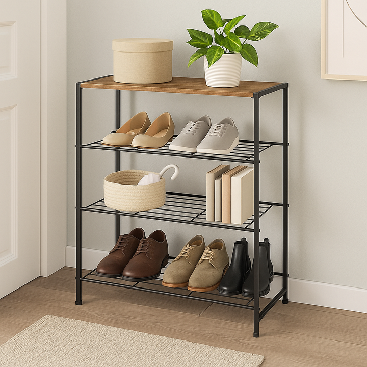 Pantofar modern stil industrial, Zola, 4 rafturi, cadru metalic, blat laminat, 63 x 30 x 83 cm, stejar fumuriu