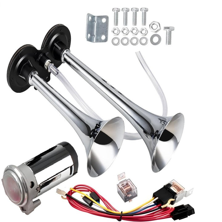 Claxon electric 2 goarne cu compresor, Zola, 12V, 150 dB, universal, metal cromat, accesorii montare