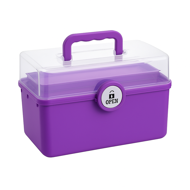 Cutie de medicamente organizatoare, Zola, 2 rafturi mobile, 20 x 13 x 9.5 cm,  6 compartimente, sistem de inchidere, maner de transport, mov