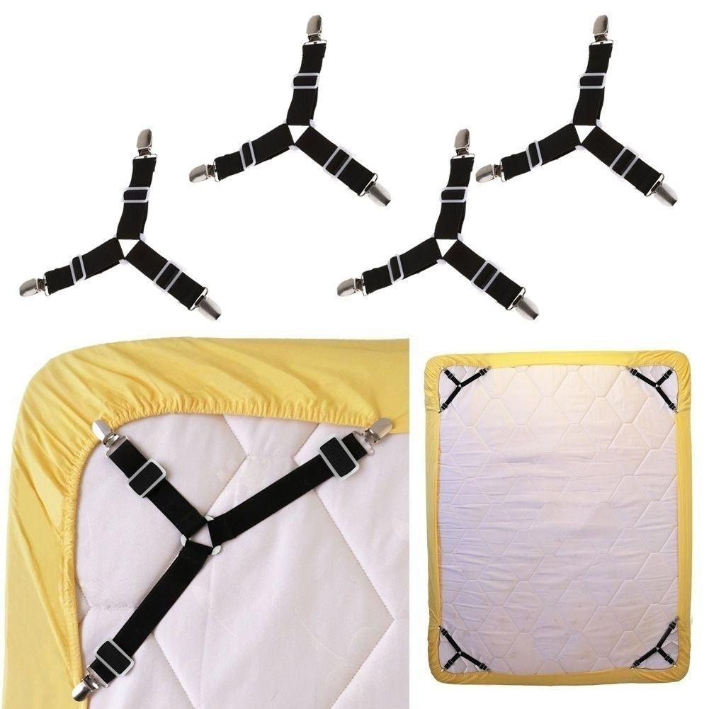 Set 4 accesorii de fixare a cearsafului, Zola, lungime reglabila, cleme fixare, universale, negre