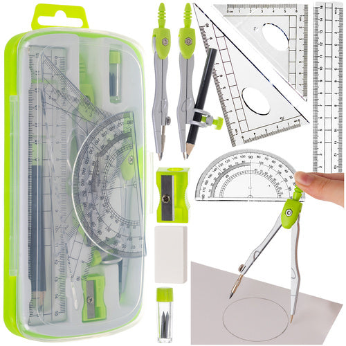 Set de geometrie 10 piese, Zola, rigla, 2 echere, raportor, compas, creion, mine, radiera, ascutitoare, carcasa depozitare