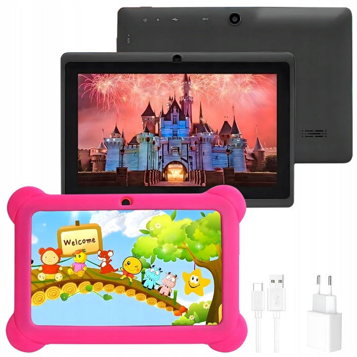 Tableta educativa pentru copii, Zola, 7", Android 10, 16 GB HDD, 2 GB RAM, Wi-Fi, Bluetooth, slot microSD, camera dubla, husa protectie roz