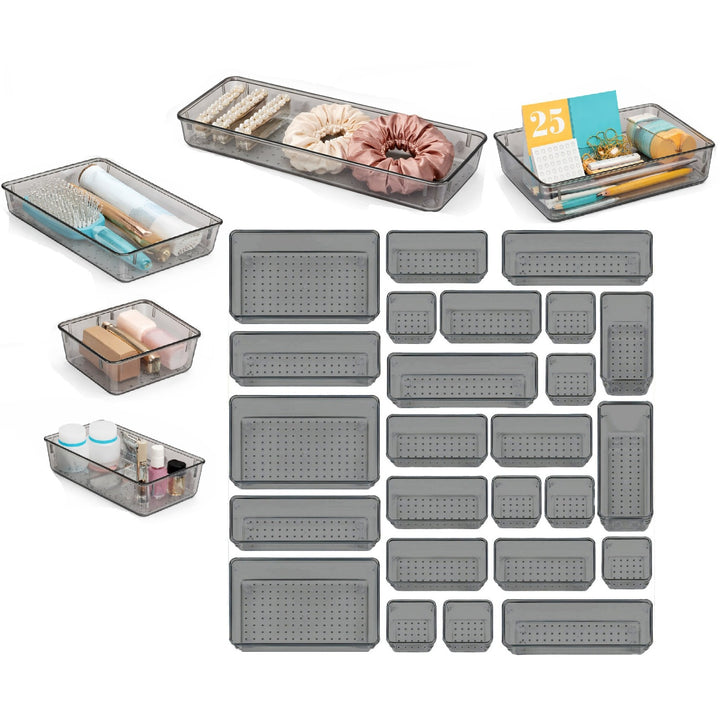 Set 25 de organizatoare, Zola, 4 dimensiuni diferite 7.5/15/23 x 7.5/15 x 5 cm, plastic, negru fumuriu