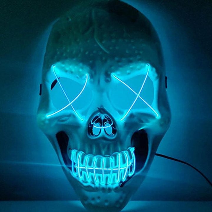 Masca Halloween model craniu, Zola,  alba cu leduri albastru, din plastic, 26x17 cm