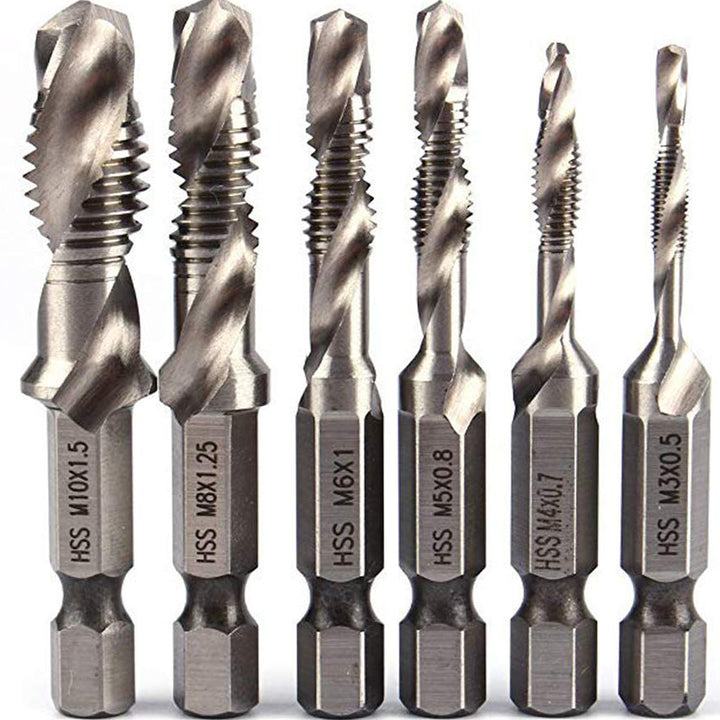 Set 6 burghie, Zola, dimensiuni M3-M10, tija hexagonala 1/4", pentru gaurire si filetare, otel, tip HSS, argintii