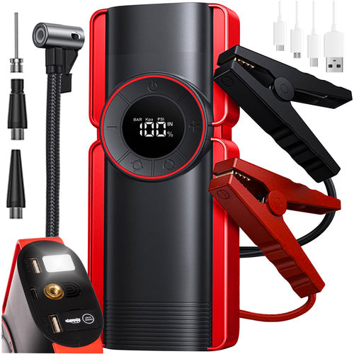 Starter auto si compresor multifunctional, Zola, power bank 10000 mAh, 12V, 800 A, presiune compresor 120 PSI, 6 in 1, funtie de incarcare, lanterna LED,  cabluri cupru, 3 ventile si cabluri USB