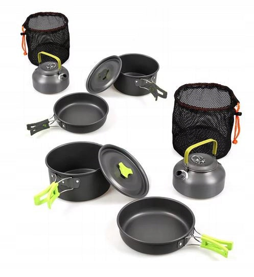 Set complet camping pentru gatit, Zola®, 3 piese, din aluminiu, tigaie/oala/fierbator
