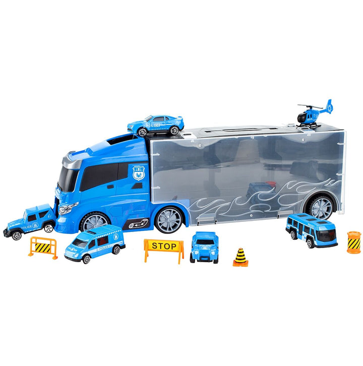 Camion de jucarie cu 6 vehicule de politie, Zola®, cabina camionului este tobogan pentru masini, depozitare usoara, plastic, 40x12.5x8.5 cm, albastru