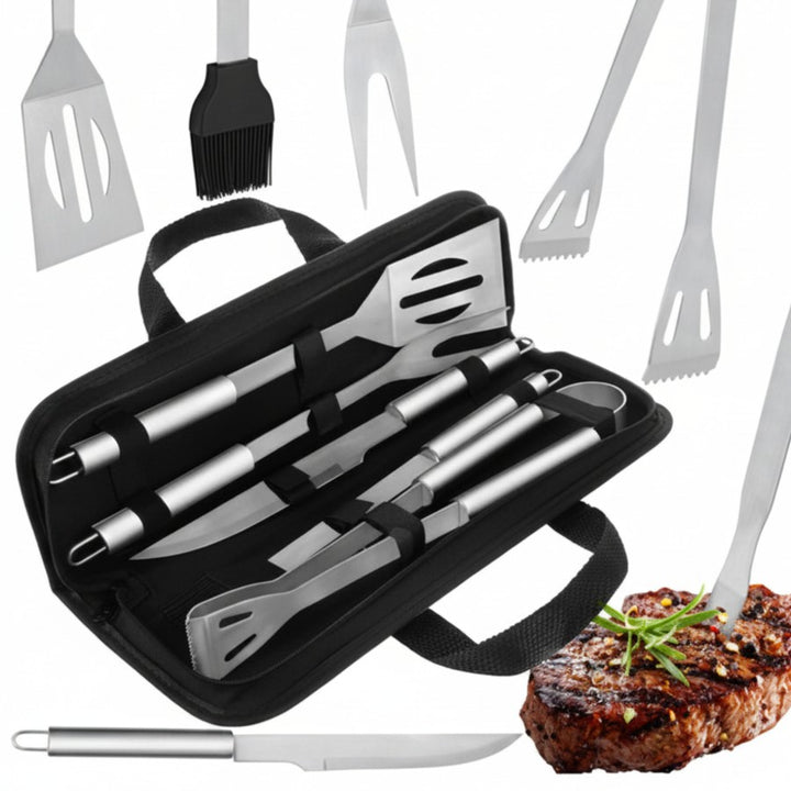 Set 5 ustensile pentru gratar, Zola, cleste, spatula, cutit, furculita, pensula, otel inoxidabil,  geanta depozitare