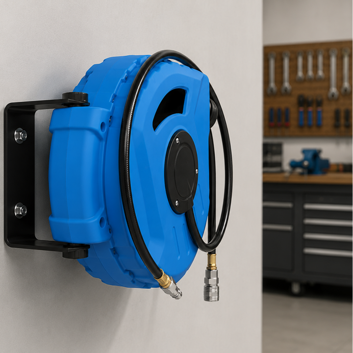 Furtun pneumatic retractabil cu tambur, Zola, montare perete, 10 m, racord 1/4", presiune 8/24 bar, rebobinare automata