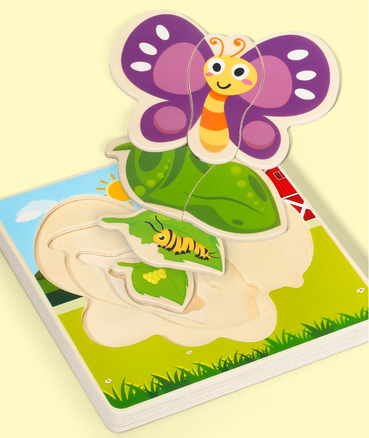 Puzzle suprapus din lemn, Zola®, 4 straturi, 7 piese, Fluture,  14.9x14.9x1.6 cm