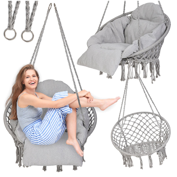 Leagan/balansoar suspendat cu perna, Zola, diametru 80 cm, sarcina maxima 120 kg, cadru metalic, ideal pentru orice gradina si veranda, gri