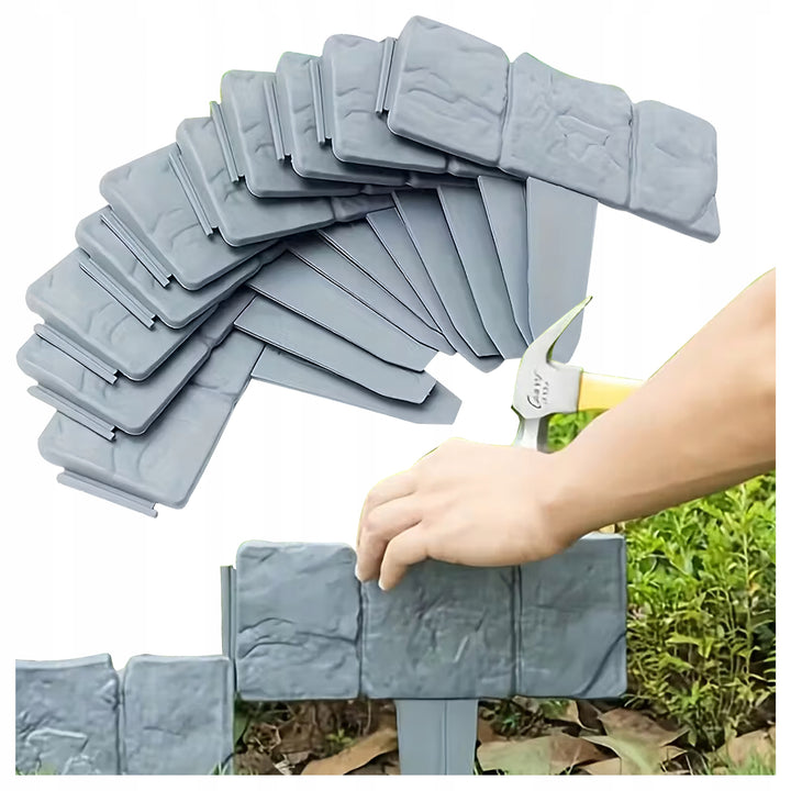 Bordura gazon tip palisada, Zola, 10 piese, efect piatra, plastic flexibil, 25 x 23 cm, lungime 250 cm, gri