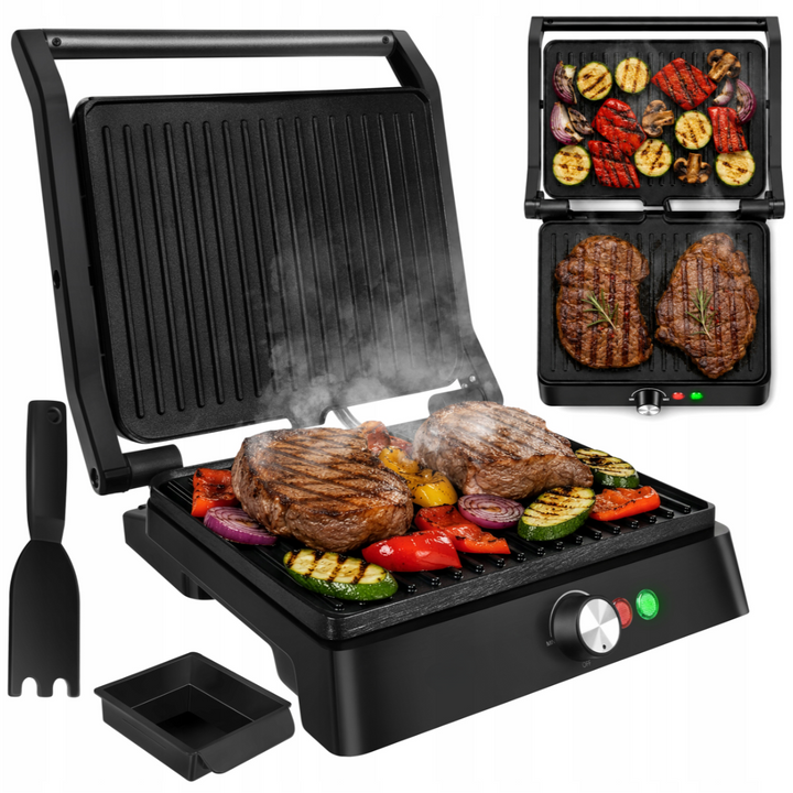 Grill electric 2 in 1, Zola, 2000W, deschidere 90°/180°, temperatura reglabila, placi antiaderente, tava de scurgere detasabila, negru
