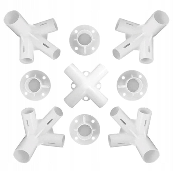 Set 9 conectori pentru montare pavilion/cort de gradina 3 x 3 m, Zola, diametru gauri stalpi 24 mm, diametru gauri tevi acoperis 18 mm, PVC, alb
