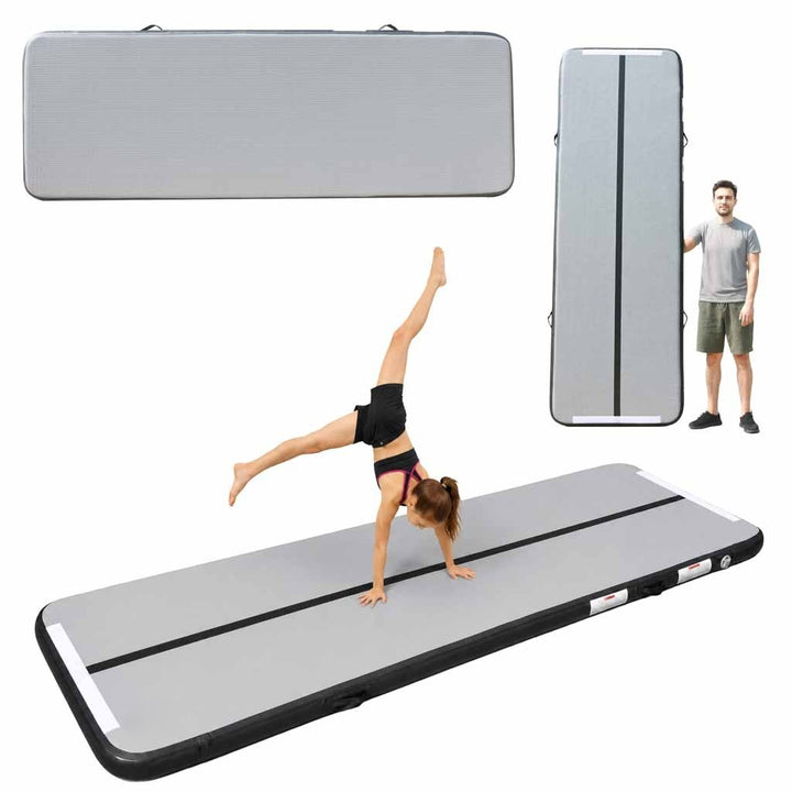 Saltea gonflabila Air Track pentru gimnastica, Zola, 300 x 100 x 10 cm, Drop-Stitch, antiderapanta, pompa electrica 600 W, curele Velcro, geanta, gri