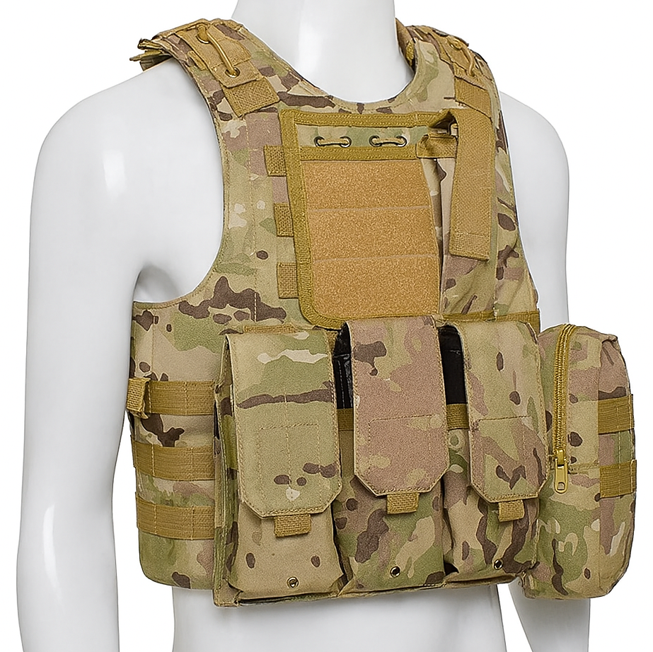 Vesta tactica airsoft, Zola®, fara spate, reglabila, cu buzunare multiple, camuflaj