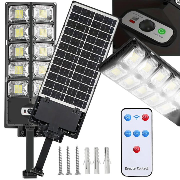Lampa cu panou solar, UBX®, senzor de miscare si de lumina, cu suport de fixare pe perete, telecomanda inclusa, 10 segmente a cate 42 LED-uri fiecare, 3, moduri de iluminare, IP 67, 420 de diode LED,