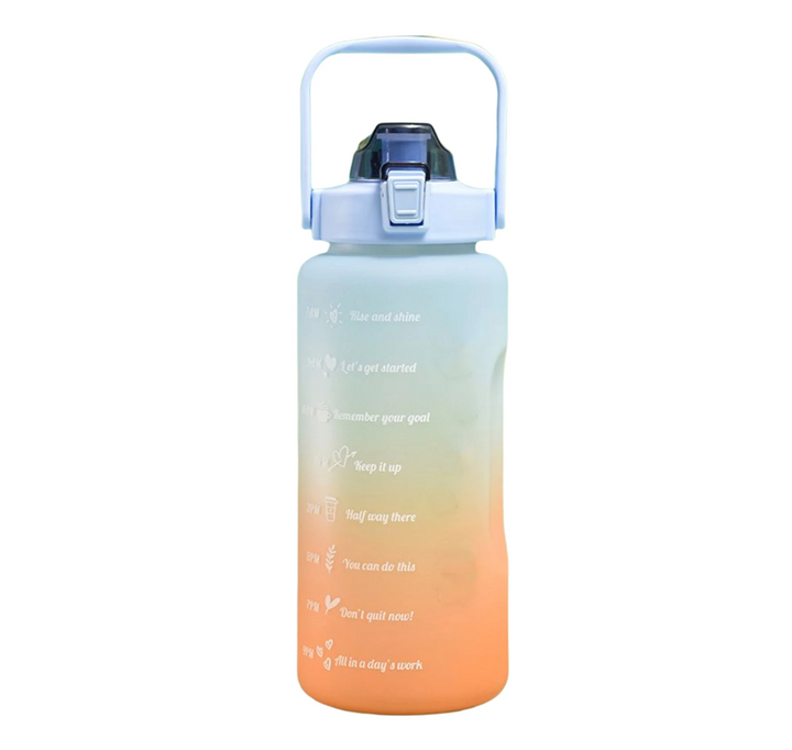 Sticla de apa extra mare cu pai, UBX®, stikere amuzant si 3D, sistem de  blocare capac, 1500 ml, marcator de timp cu mesaje,  fara BPA, maner rezistent, 25x10cm, albastru/portocaliu