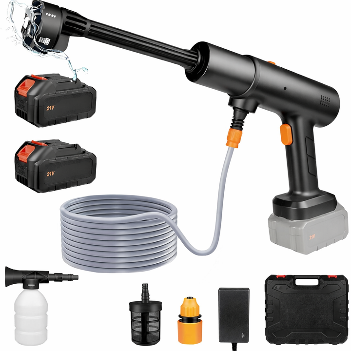 Aparat de spalat cu inalta presiune 6 in 1, Zola, 21V, 2 acumulatori, 6 moduri pulverizare, lungime furtun 5 m, filtru apa, recipient spuma, valiza depozitare, negru/portocaliu