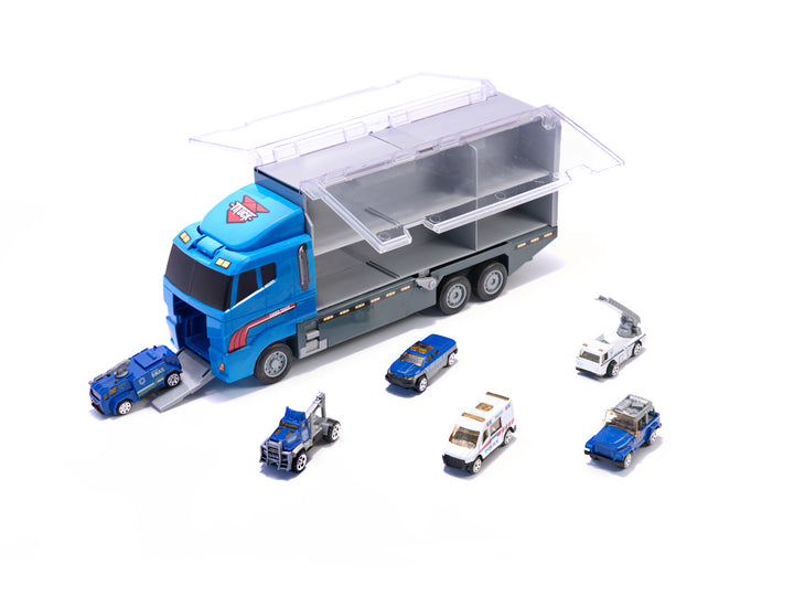 Set de Masinute, Tir Truck, Camion cu 6 Vehicule de Politie, 36 cm Lungime, cu Panou Transparent, Iesire Speciala pentru Masini, Aspect Realist, Blue Sky