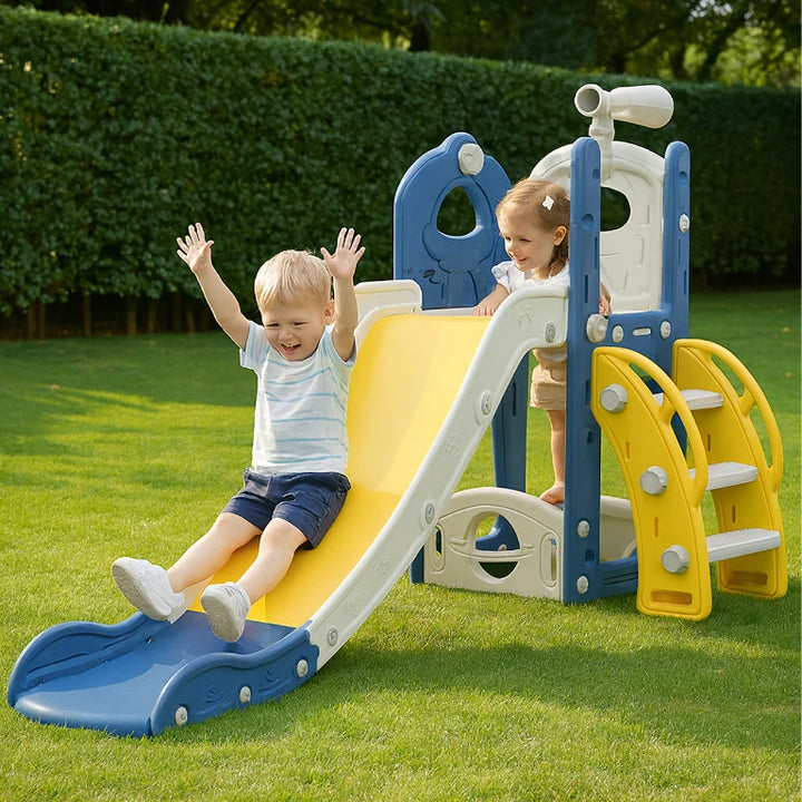 Tobogan2 în 1 pentru copii cu cos de bashet si telescop, Zola, pentru exterior/interior, scara, lungime 165 cm, plastic PE, dimensiuni totale 155 x 62 x 94 cm, galben/albastrtu