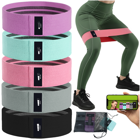 Set 5 benzi elastice fitness, Zola, rezistenta 5-35 kg, material textil antiderapant, saculet depozitare, plan antrenament QR, 74 x 8 cm, multicolore