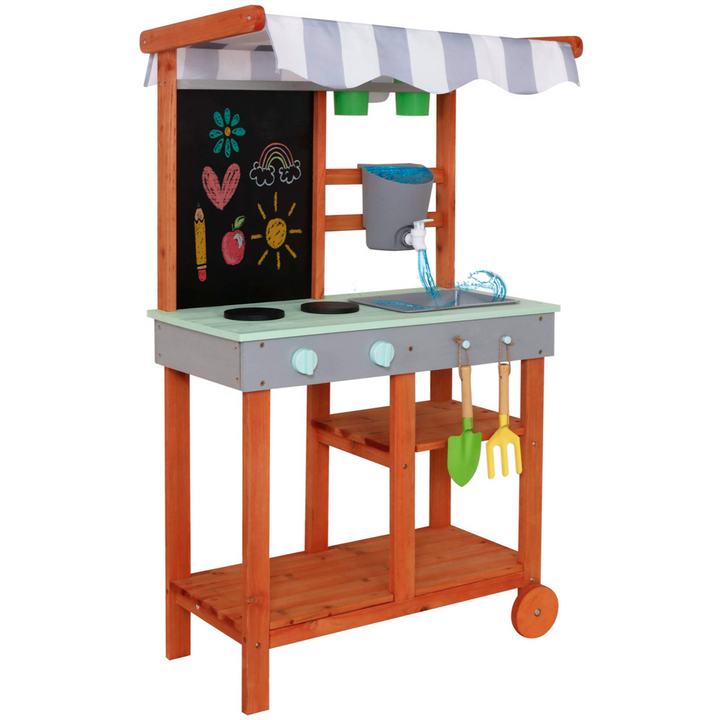 Bucatarie copii pentru gradina, Zola, din lemn, tabla creta, chiuveta functionala, accesorii incluse, 64 x 32 x 110.5 cm