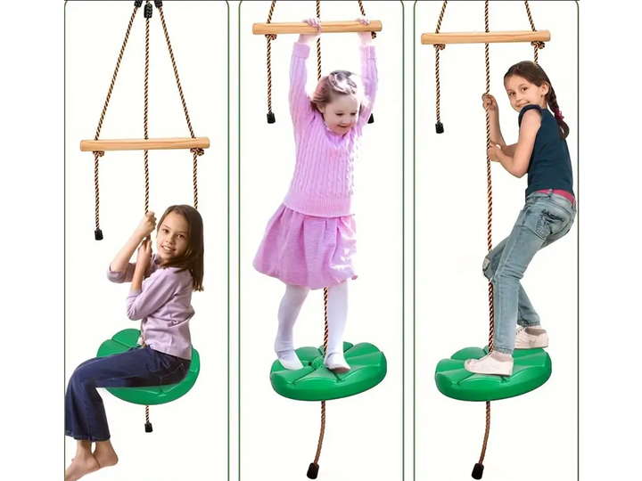Leagan de gradina pentru copii, Zola, disc rotund model floare, franghie si bara de tiroliana, sarcina maxima 75 kg, 190x40 cm, verde