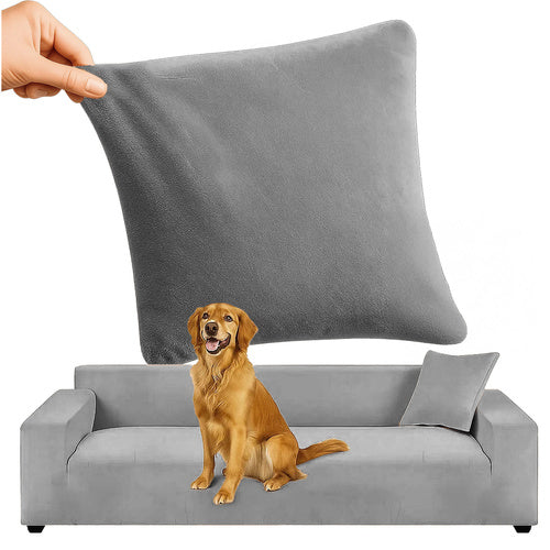 Husa din catifea pentru canapea si fata de perna, Zola, lungime 145-185 cm, husa perna 45 x 45 cm, benzi elastice, impermeabila, gri inchis