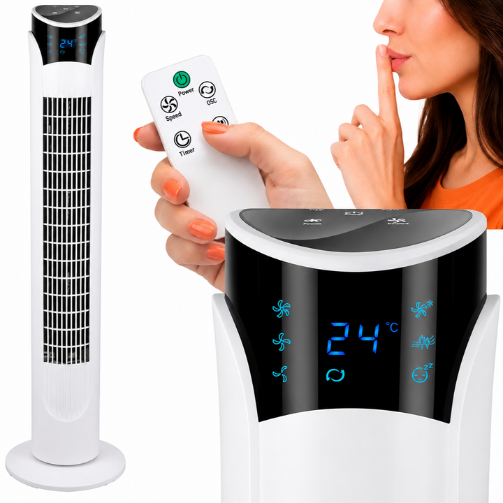 Ventilator turn cu telecomanda, Zola, 45W, oscilatie 70°, 3 moduri functionare, temporizator 12 h, afisaj LED, 83 cm, alb