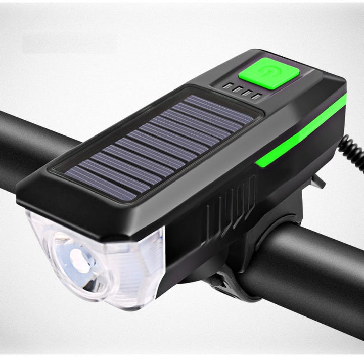 Set far pentru bicicleta solar, claxon si semnal sonor, UBX, LED, 3 moduri iluminare, USB, 6 melodii, 11x3.5x4 cm, negru/verde