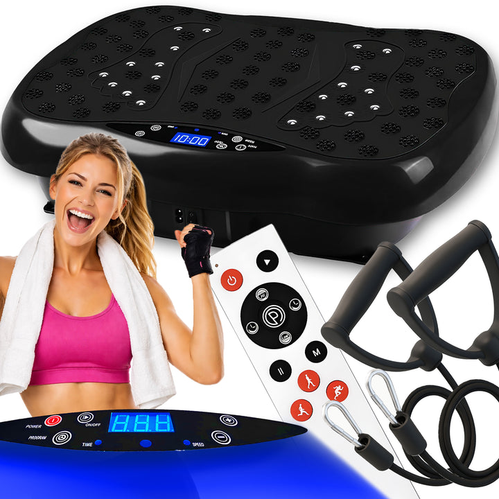 Aparat fitness cu vibromasaj, Zola, 120 niveluri viteza, Bluetooth, telecomanda, 2 extensoare, afisaj LED, 200W, amplitudinea 0.8 mm, neagra
