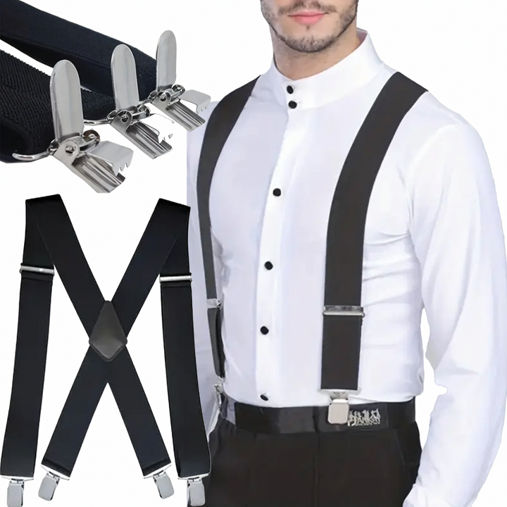 Bretele elegante pentru pantaloni, Zola, 4 catarame, prindere in x, elastice, ajustabile, 5 x 120 cm, negre