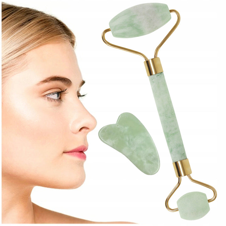 Set rola dubla pentru masaj facial si instrument Gua Sha, Zola®, 14 x5 cm