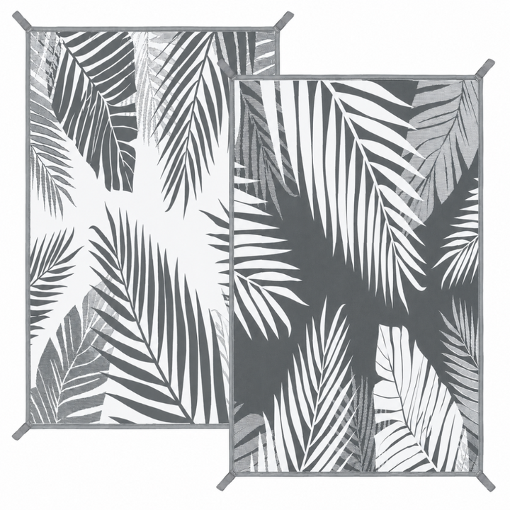 Covor de exterior cu doua fete, Zola, 150 x 250 cm, impermeabil, model frunze / patrate, gri