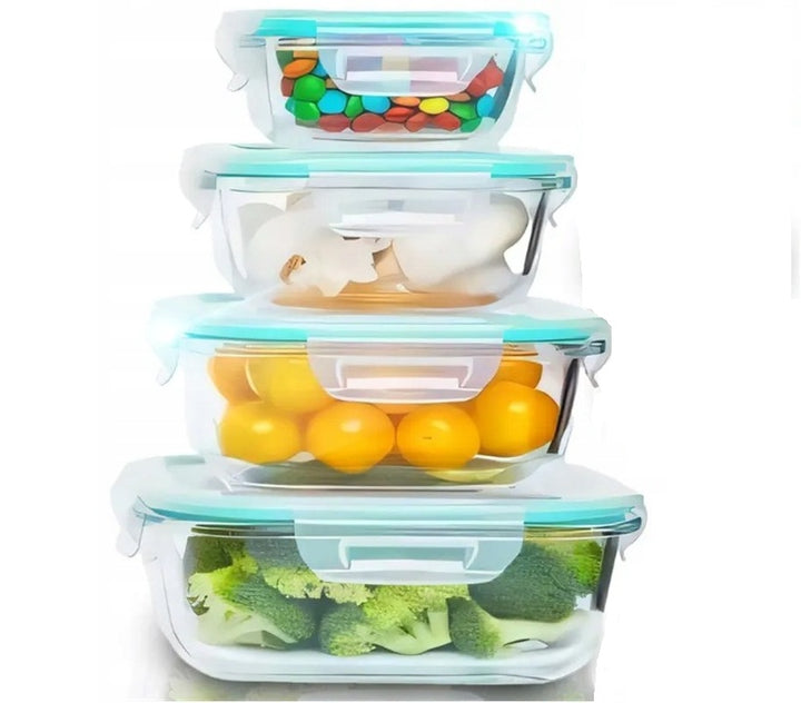 Set 4 caserole dreptunghiulare, Zola, inchidere etansa, capacitate 370 /640 /1000 /1500 ml, plastic, transparente