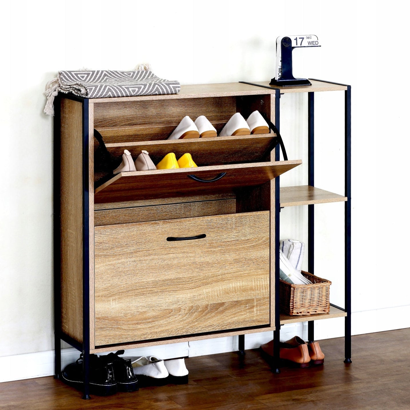 Pantofar modern, Zola, 2 sertare duble pentru incaltaminte, raft lateral, 3 polite, 88 x 24 x 87 cm, stejar natur